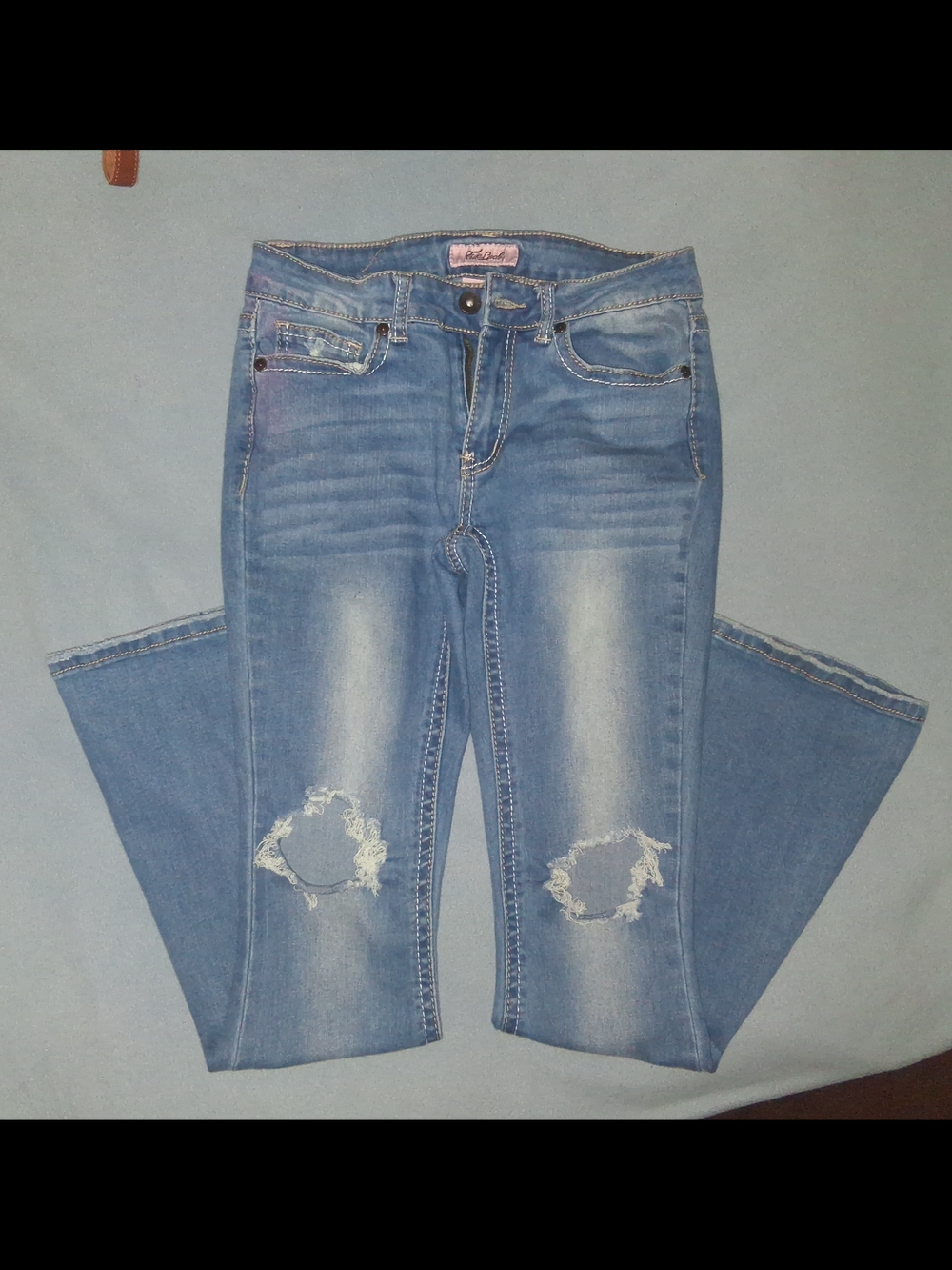 Women's Light Blue Boot Cut Jeans with Knee Distress